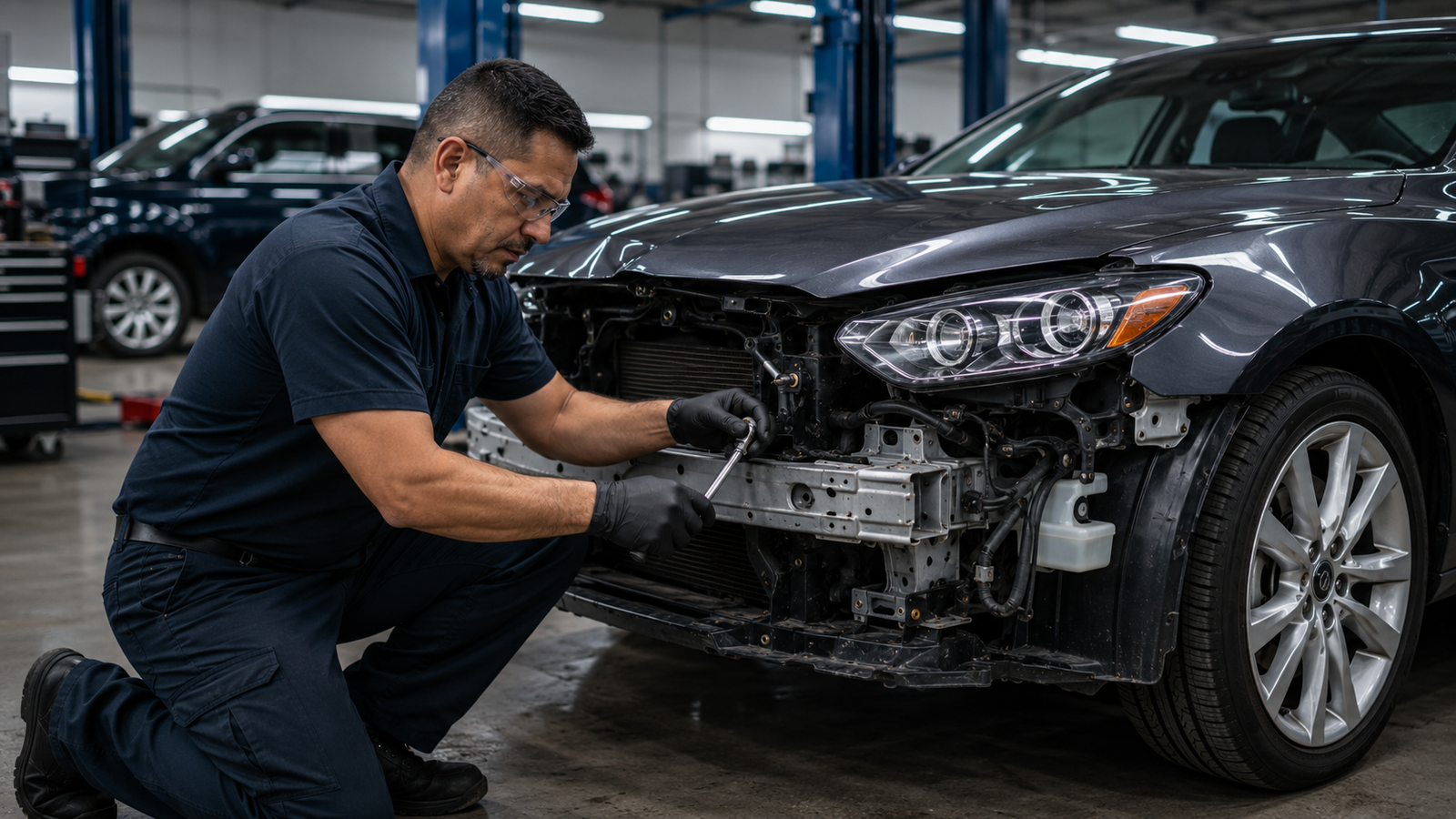 Technician performing collision repair on vehicle front end