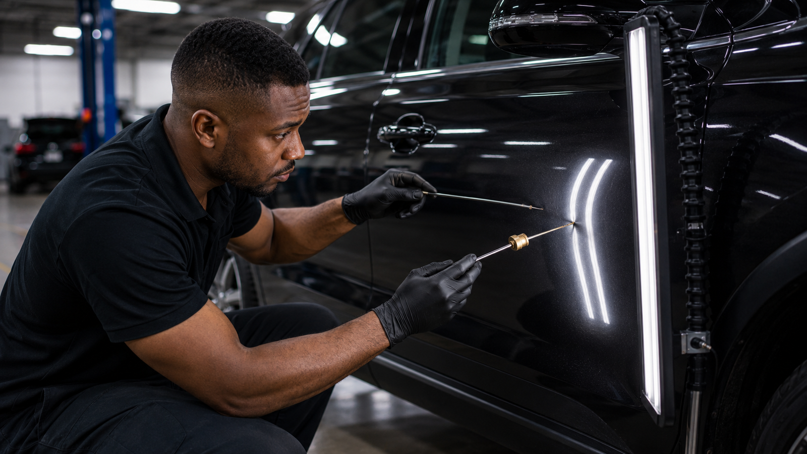 Technician performing paintless dent removal with specialized tools