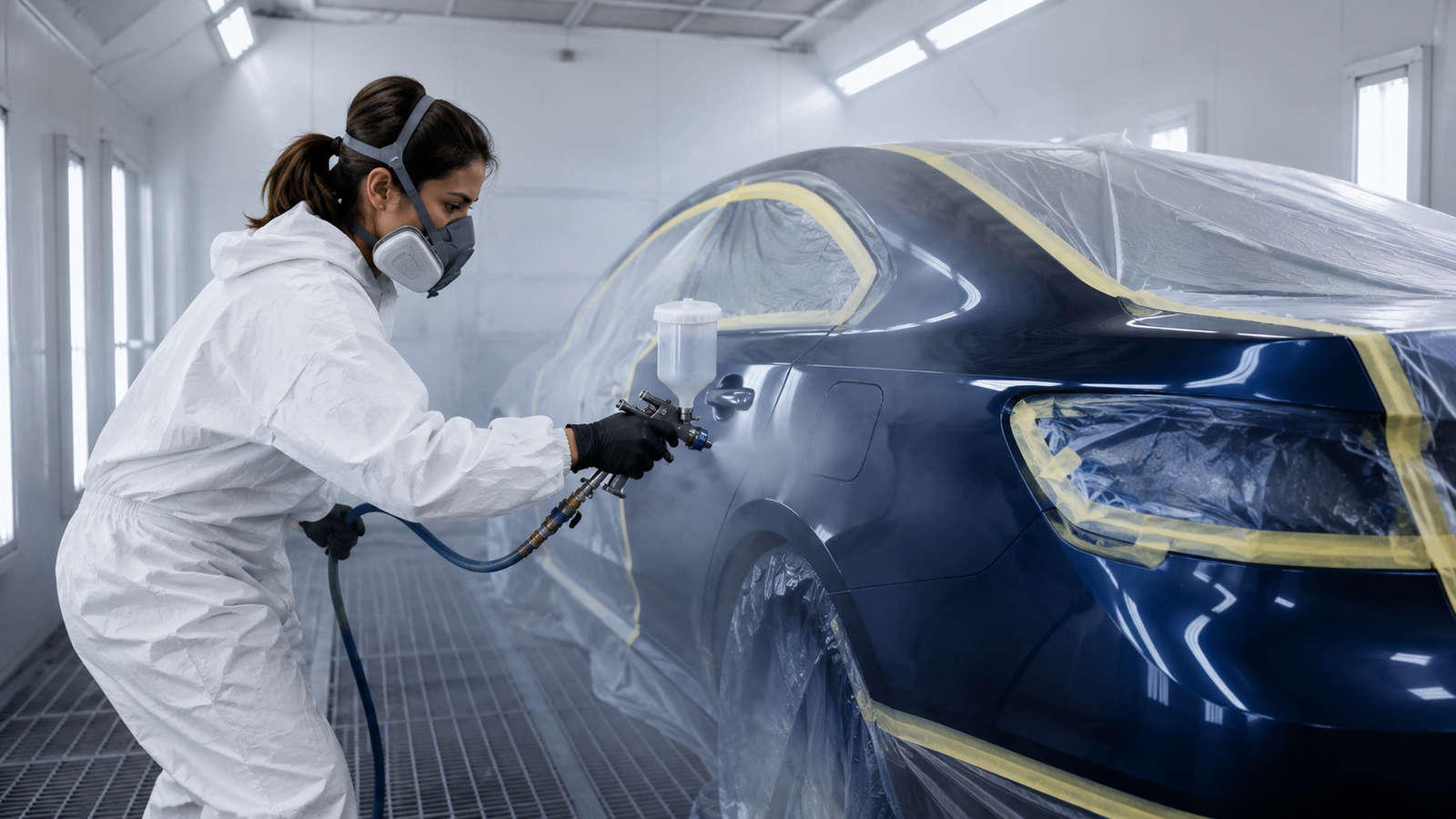 Technician spray-painting a vehicle in a paint booth
