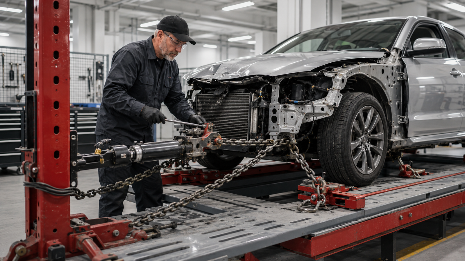 Technician using frame straightening equipment on a damaged vehicle