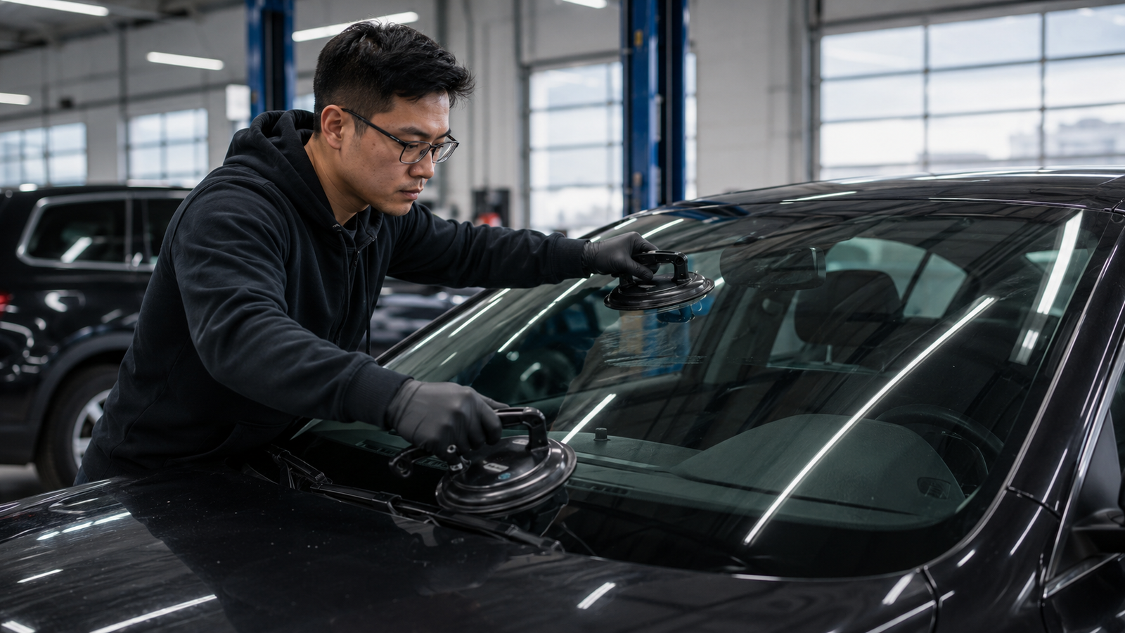 Technician replacing a vehicle windshield