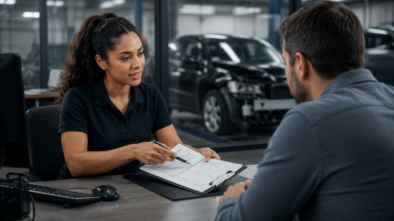 Advisor reviewing insurance claim paperwork with a customer