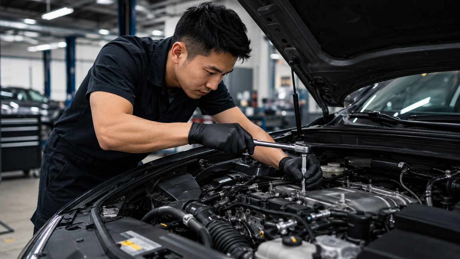Technician performing mechanical repair under the hood of a vehicle