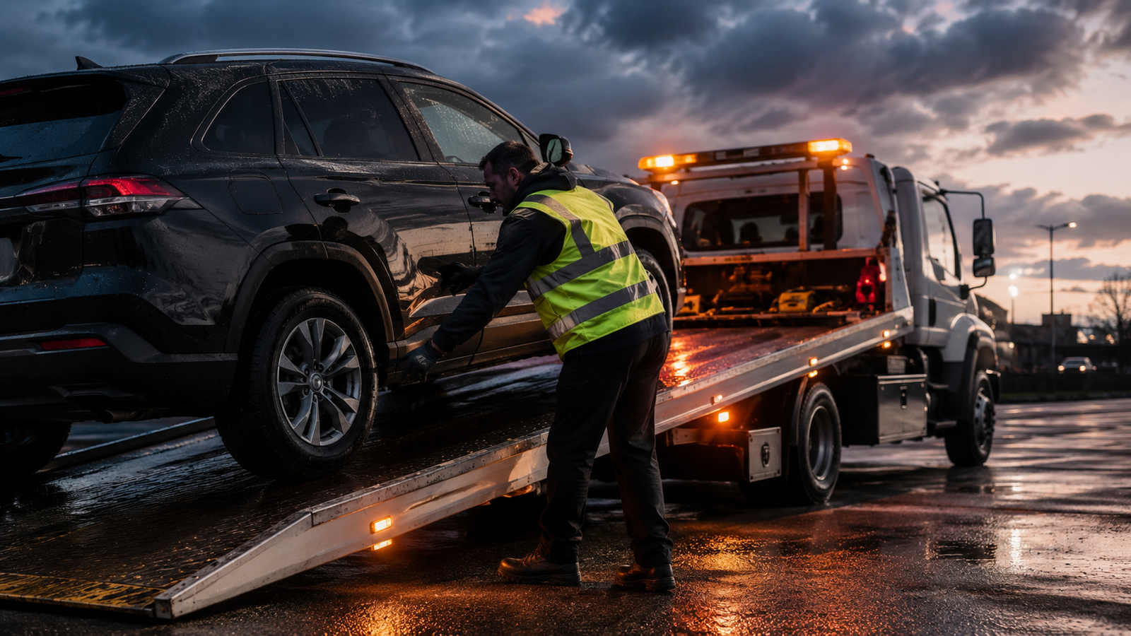 Tow truck operator loading a vehicle for towing