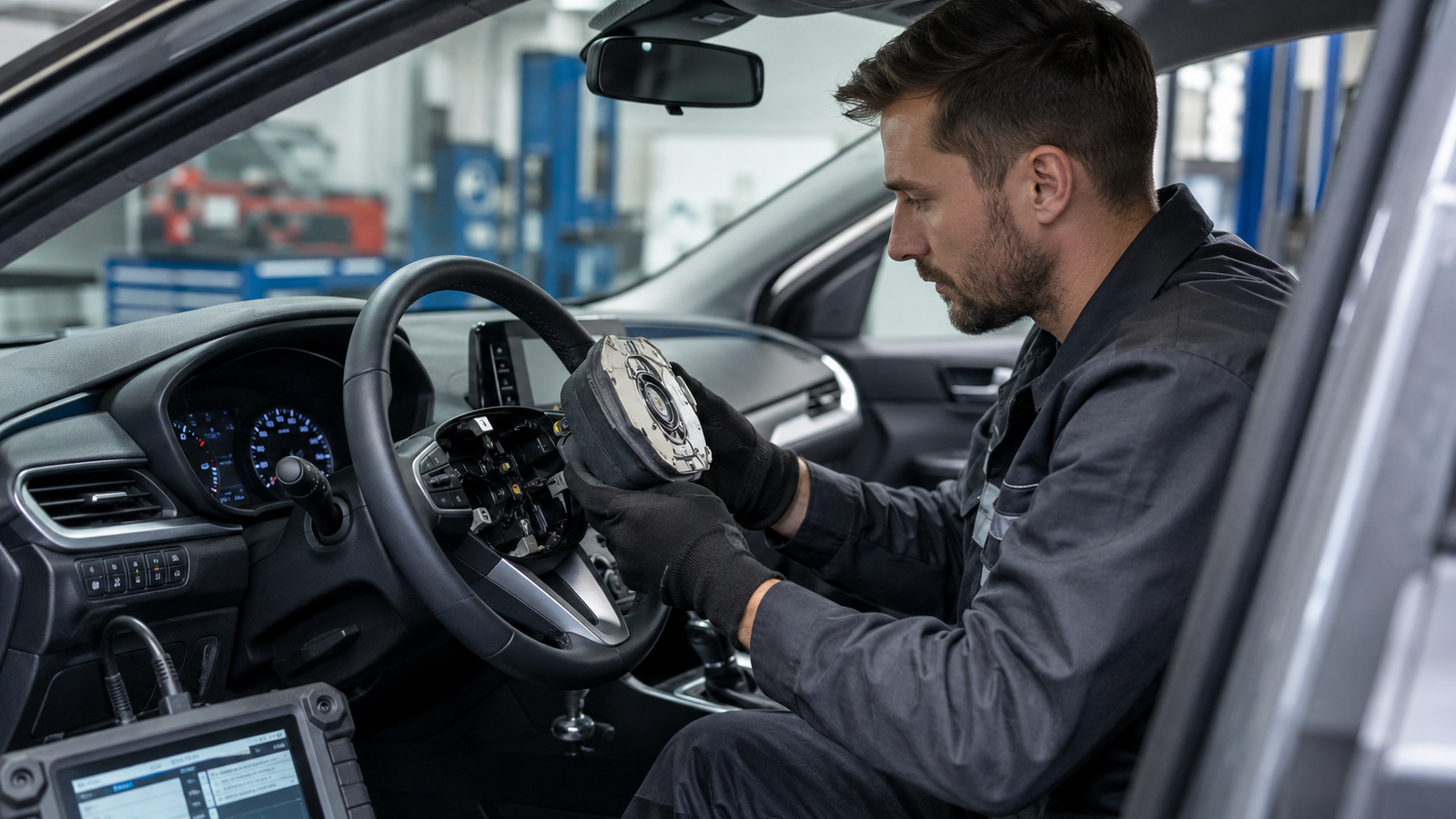 Technician servicing a steering wheel airbag module