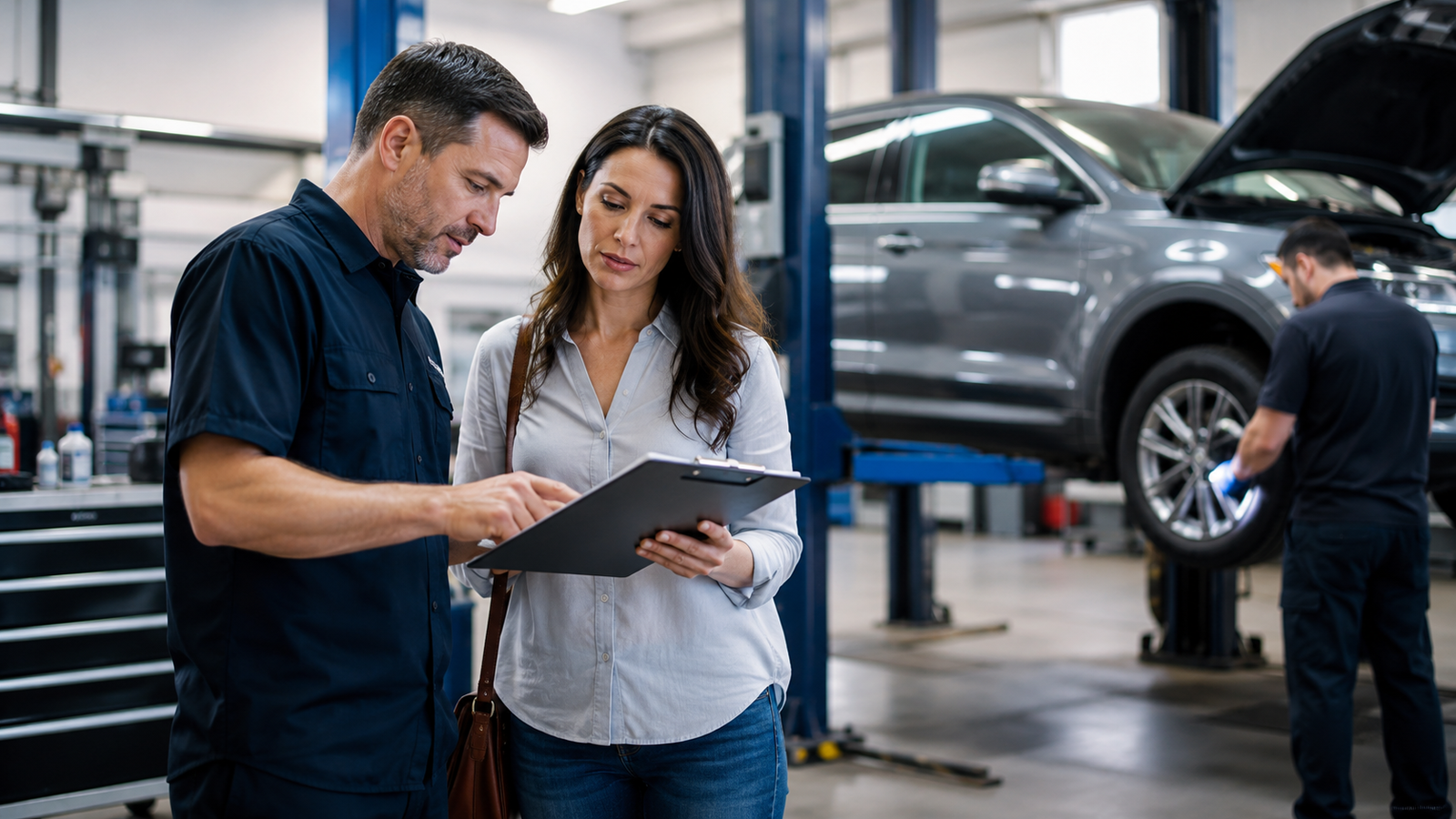 Service advisor reviewing repair estimate with customer